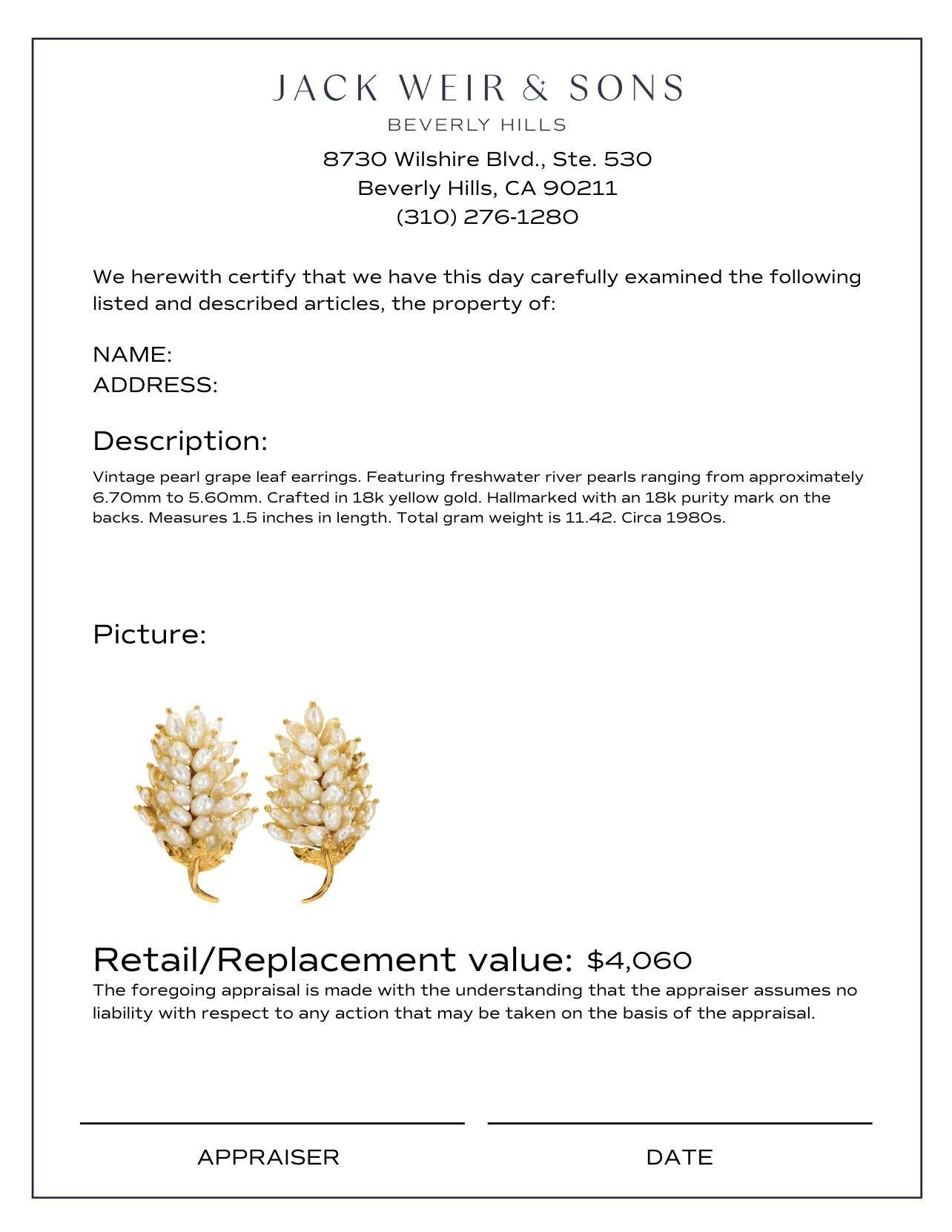 Vintage pearl 18k yellow gold grape leaf earrings In Excellent Condition In Beverly Hills, CA