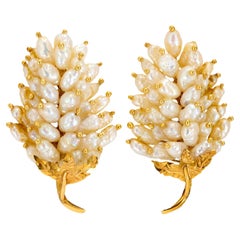 Vintage pearl 18k yellow gold grape leaf earrings