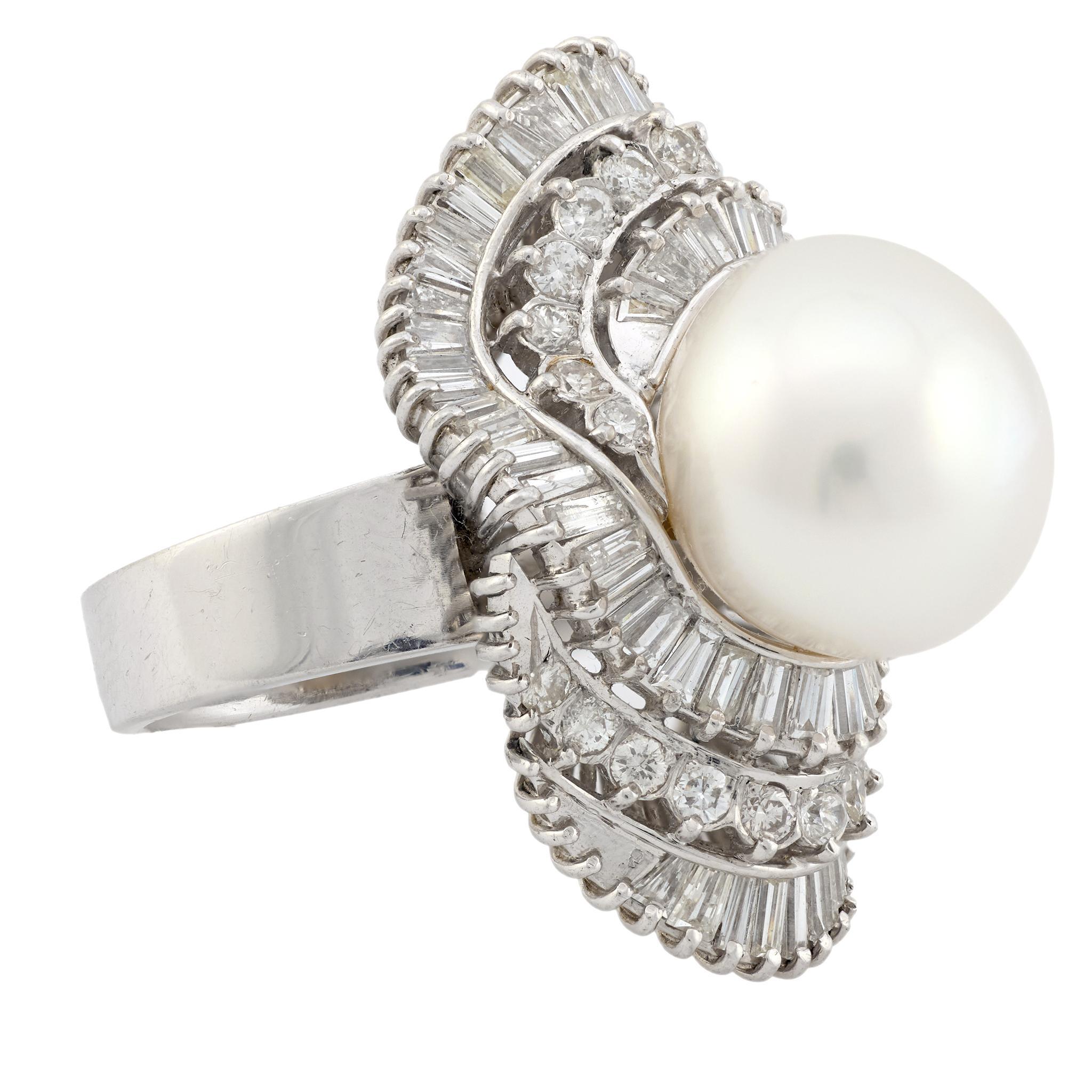 Vintage Perle 2,70 Karat Diamant Platin Ballerina Cocktail Ring (Zeitgenössisch) im Angebot