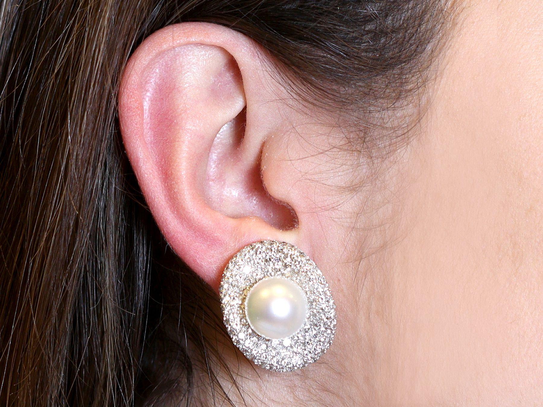 Vintage Pearl 5.15ct Diamond 18k White Gold Stud Earrings For Sale 3