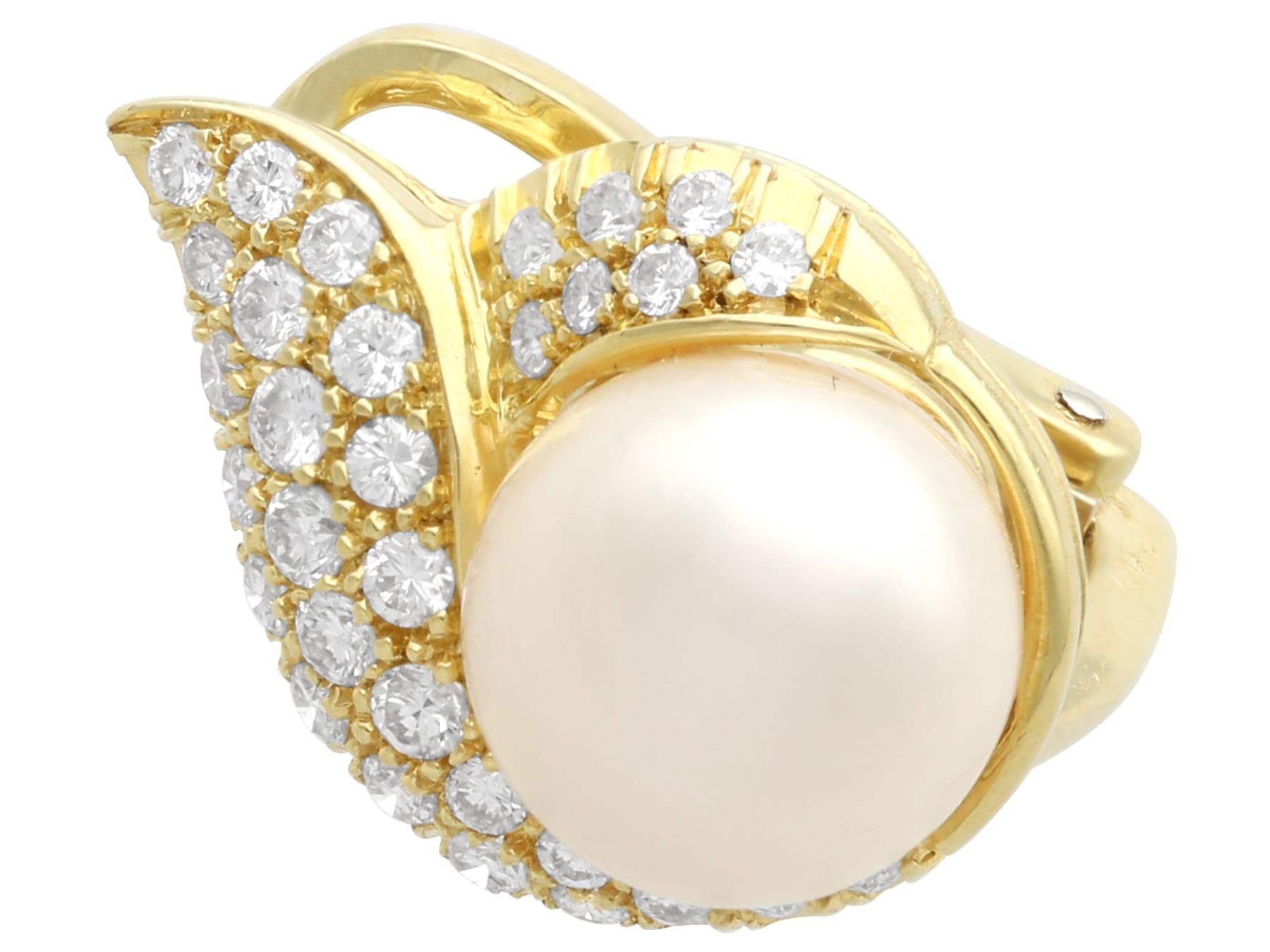 Vintage Pearl and 0.81 Carat Diamond Cluster Earrings in 18k Yellow Gold For Sale 14
