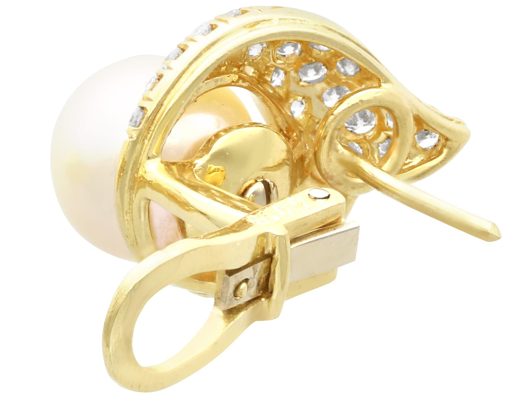 Vintage Pearl and 0.81 Carat Diamond Cluster Earrings in 18k Yellow Gold For Sale 1