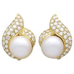Vintage Pearl and 0.81 Carat Diamond Cluster Earrings in 18k Yellow Gold