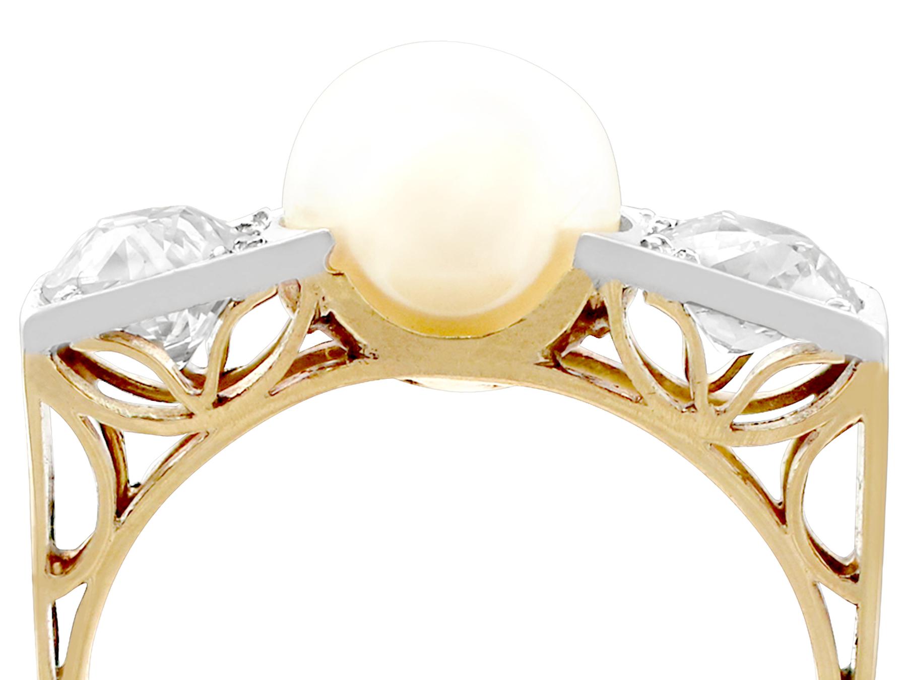 A fine and impressive pearl and 1.15 carat diamond, 18 karat yellow gold, platinum set dress ring in the Art Deco style; part of our vintage pearl jewelry collections.

This fine vintage pearl and diamond dress ring has been crafted in 18k yellow