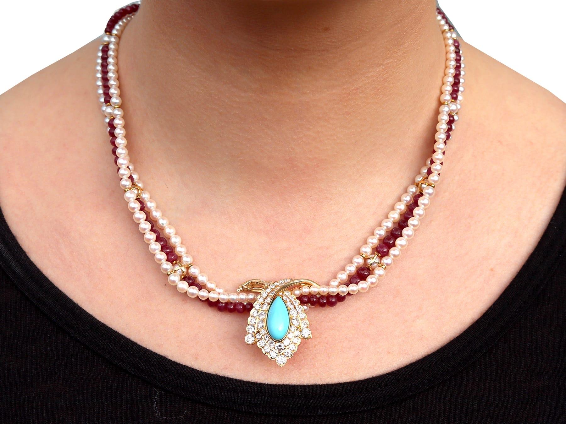 Vintage Pearl and 23 Carat Ruby Strand Turquoise and Diamond Clasp Necklace For Sale 5