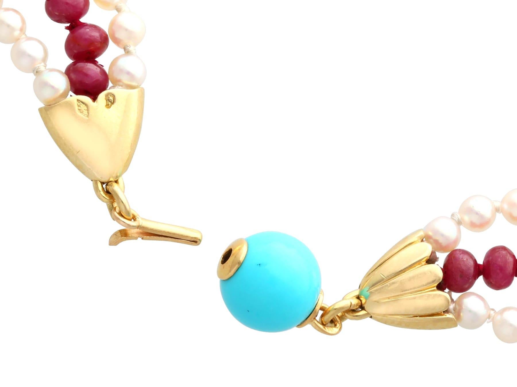 Collier à fermoir vintage en perles et rubis de 23 carats, turquoises et diamants en vente 2