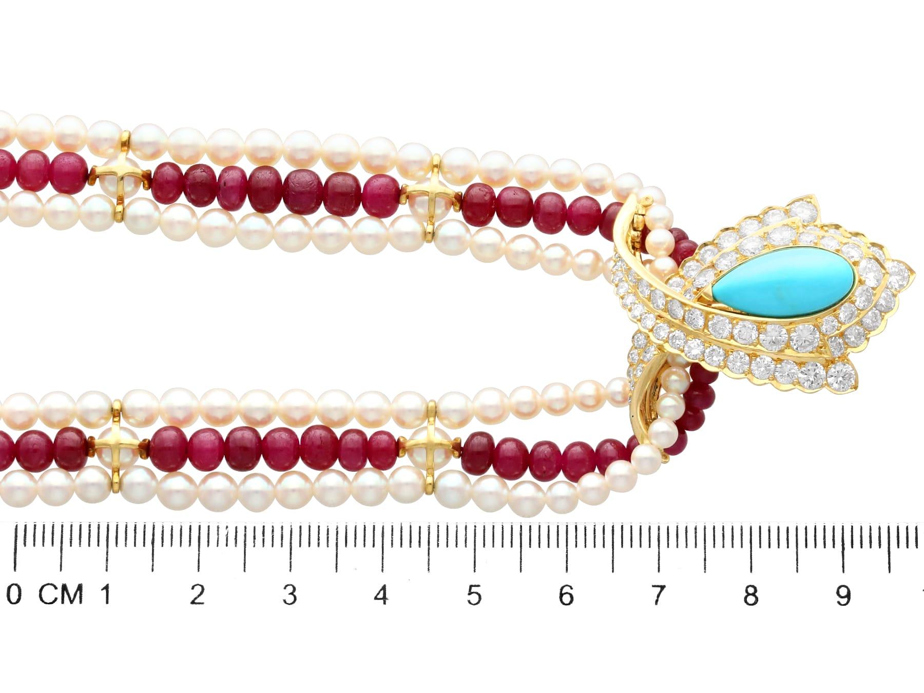 Vintage Pearl and 23 Carat Ruby Strand Turquoise and Diamond Clasp Necklace For Sale 3