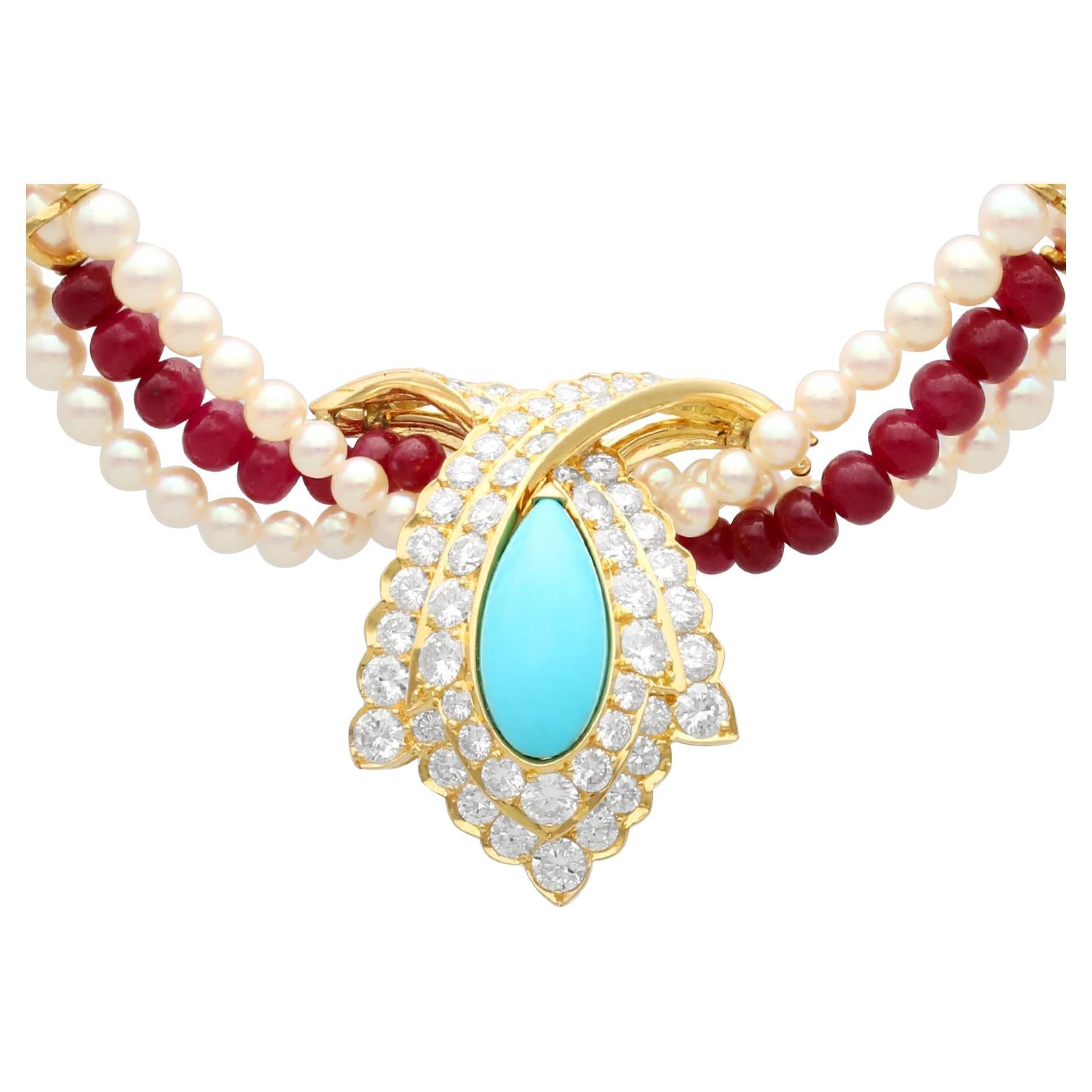 Vintage Pearl and 23 Carat Ruby Strand Turquoise and Diamond Clasp Necklace For Sale