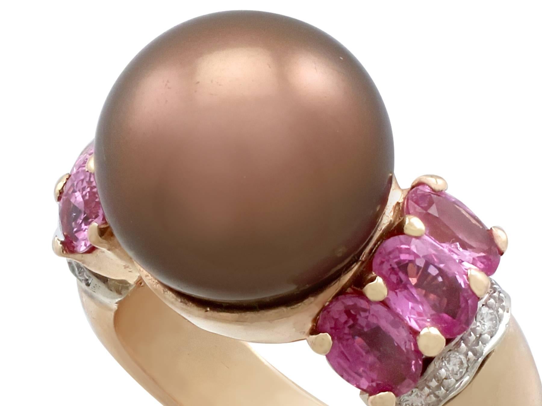 Oval Cut Chocolate Pearl and 2.95 Carat Pink Sapphire and Diamond, Gold Cocktail Ring For Sale