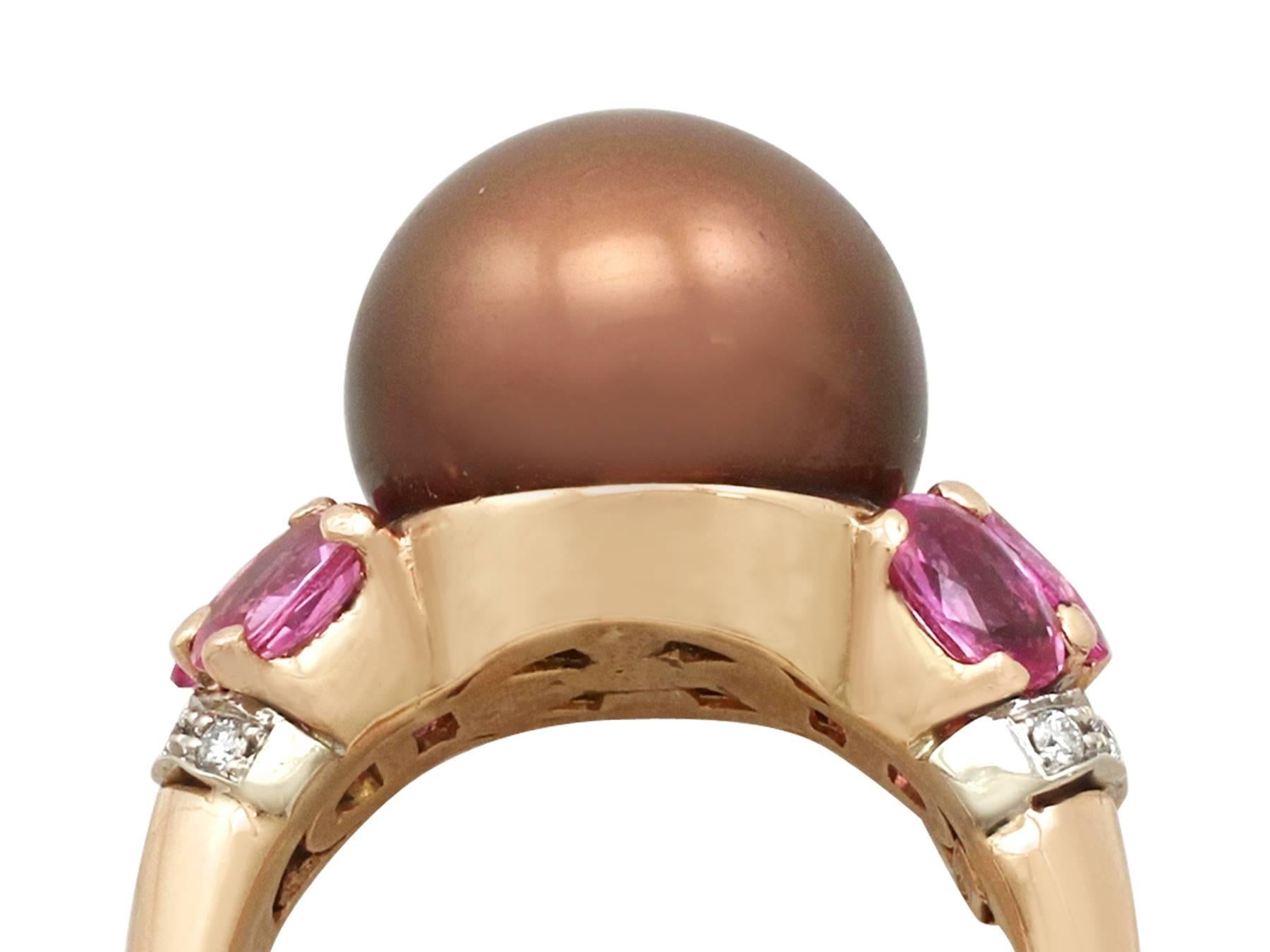 Women's Chocolate Pearl and 2.95 Carat Pink Sapphire and Diamond, Gold Cocktail Ring For Sale