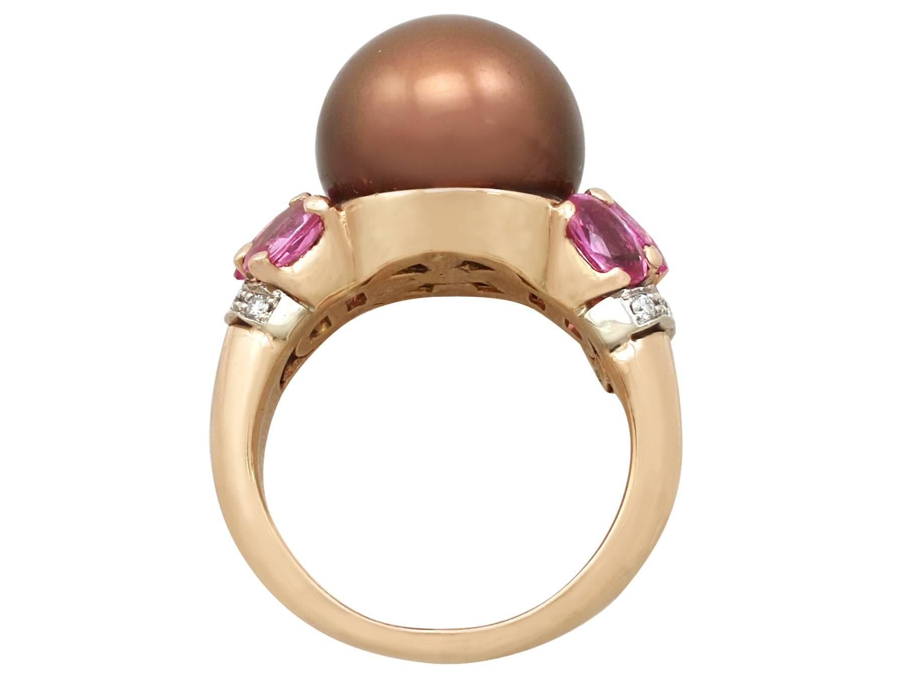 Chocolate Pearl and 2.95 Carat Pink Sapphire and Diamond, Gold Cocktail Ring For Sale 1