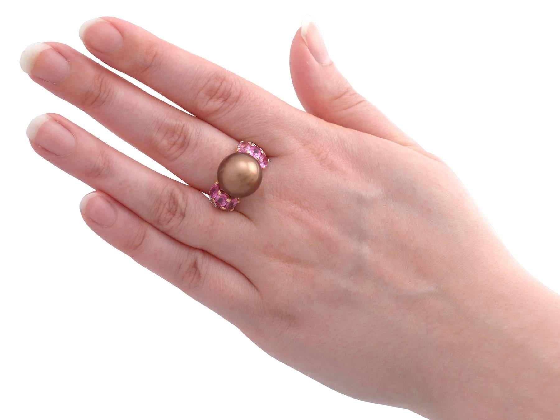 Chocolate Pearl and 2.95 Carat Pink Sapphire and Diamond, Gold Cocktail Ring For Sale 2