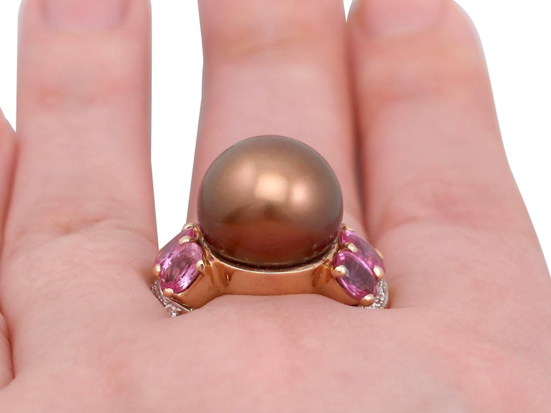 Chocolate Pearl and 2.95 Carat Pink Sapphire and Diamond, Gold Cocktail Ring For Sale 4