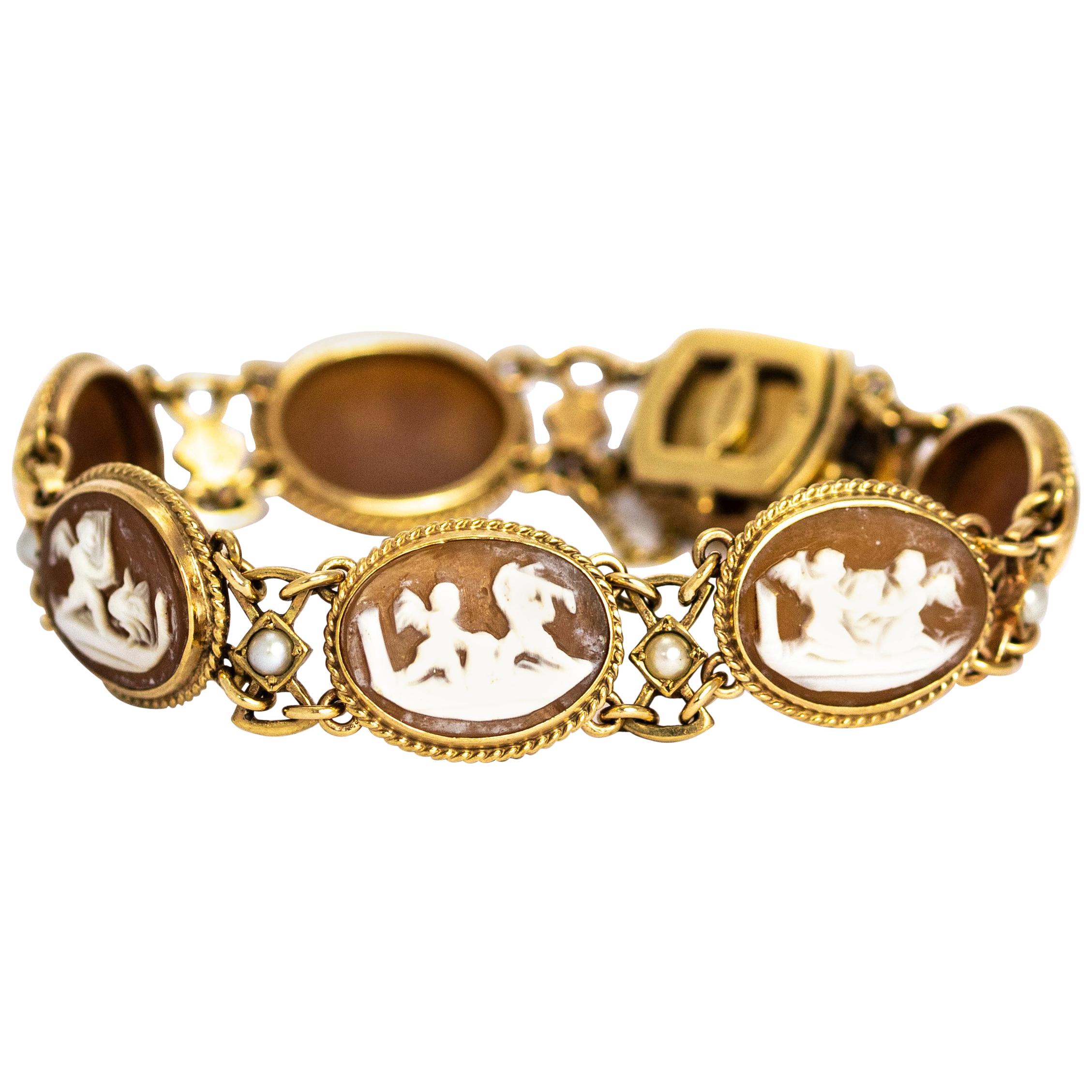 Vintage Pearl and 9 Carat Gold Cameo Bracelet