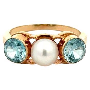 Vintage Pearl and Blue Zircon 3 Stone Gold Band Ring