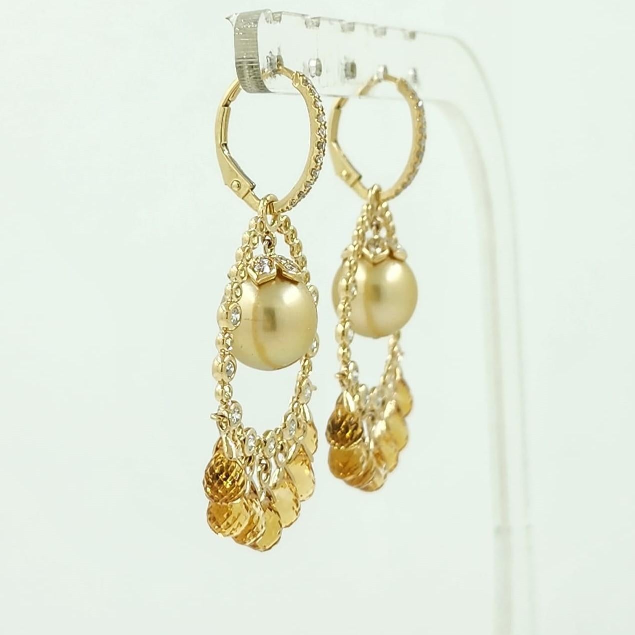 Art Deco Vintage Pearl and Citrine Briolette Diamond Dangle Earrings in 14K Yellow Gold For Sale