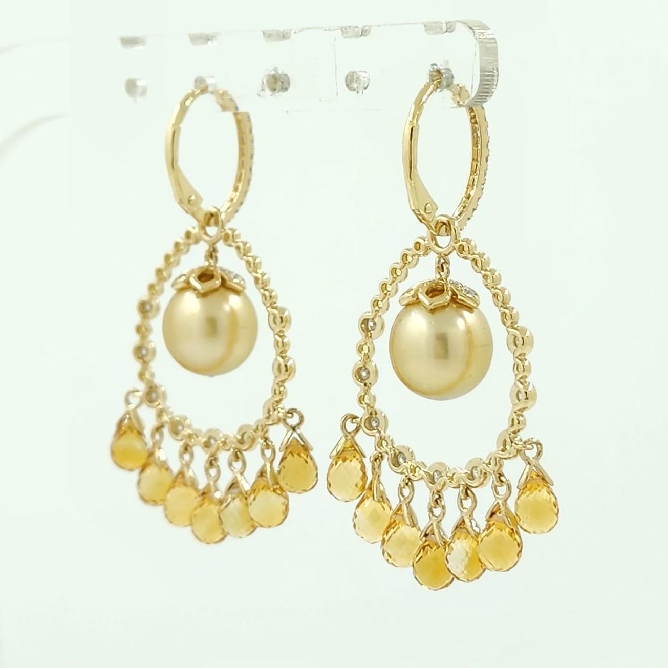 Bead Vintage Pearl and Citrine Briolette Diamond Dangle Earrings in 14K Yellow Gold For Sale
