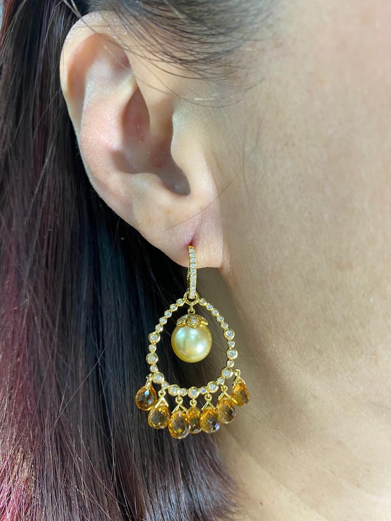 Vintage Pearl and Citrine Briolette Diamond Dangle Earrings in 14K Yellow Gold In New Condition For Sale In Hong Kong, HK