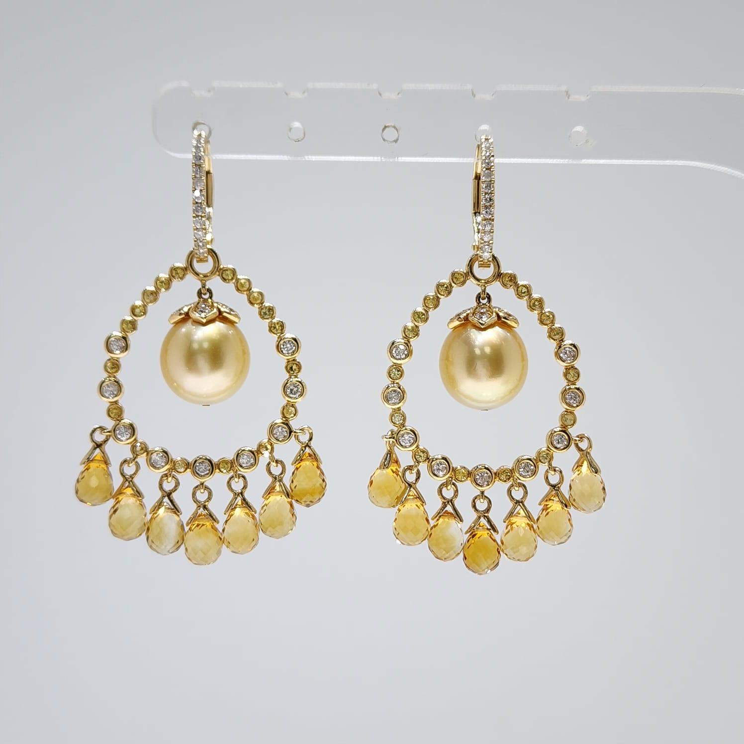 Women's Vintage Pearl and Citrine Briolette Diamond Dangle Earrings in 14K Yellow Gold For Sale