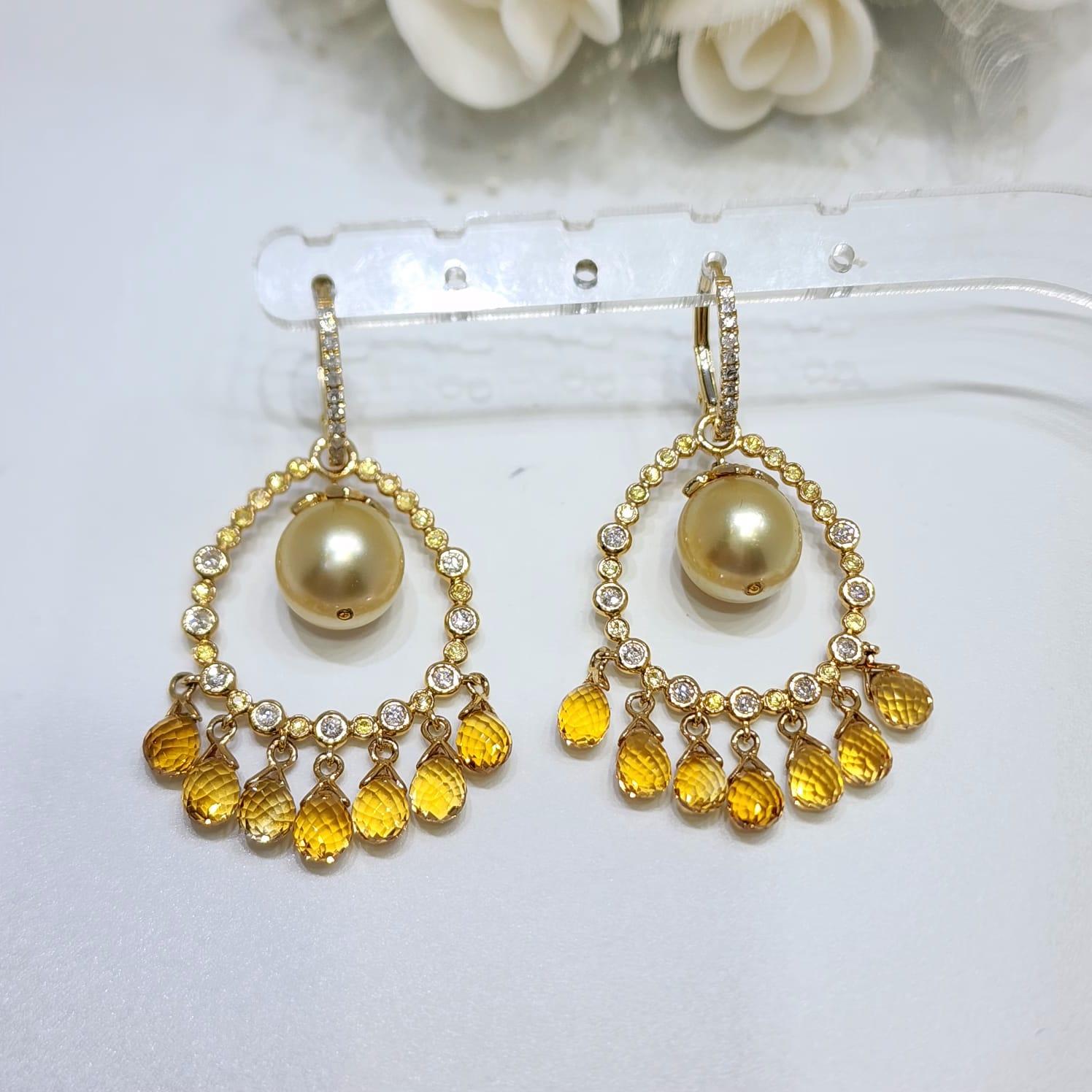 Vintage Pearl and Citrine Briolette Diamond Dangle Earrings in 14K Yellow Gold For Sale 2