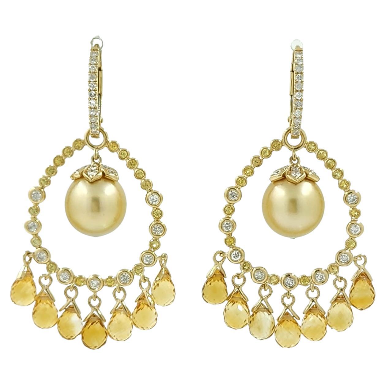 Boucles d'oreilles pendantes en or jaune 14K avec perles et citrines briolettes et diamants