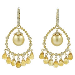 Vintage Pearl and Citrine Briolette Diamond Dangle Earrings in 14K Yellow Gold