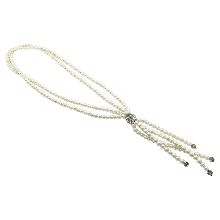 vintage pearl and crystal tassel sautoir necklace 1980s For Sale at 1stDibs