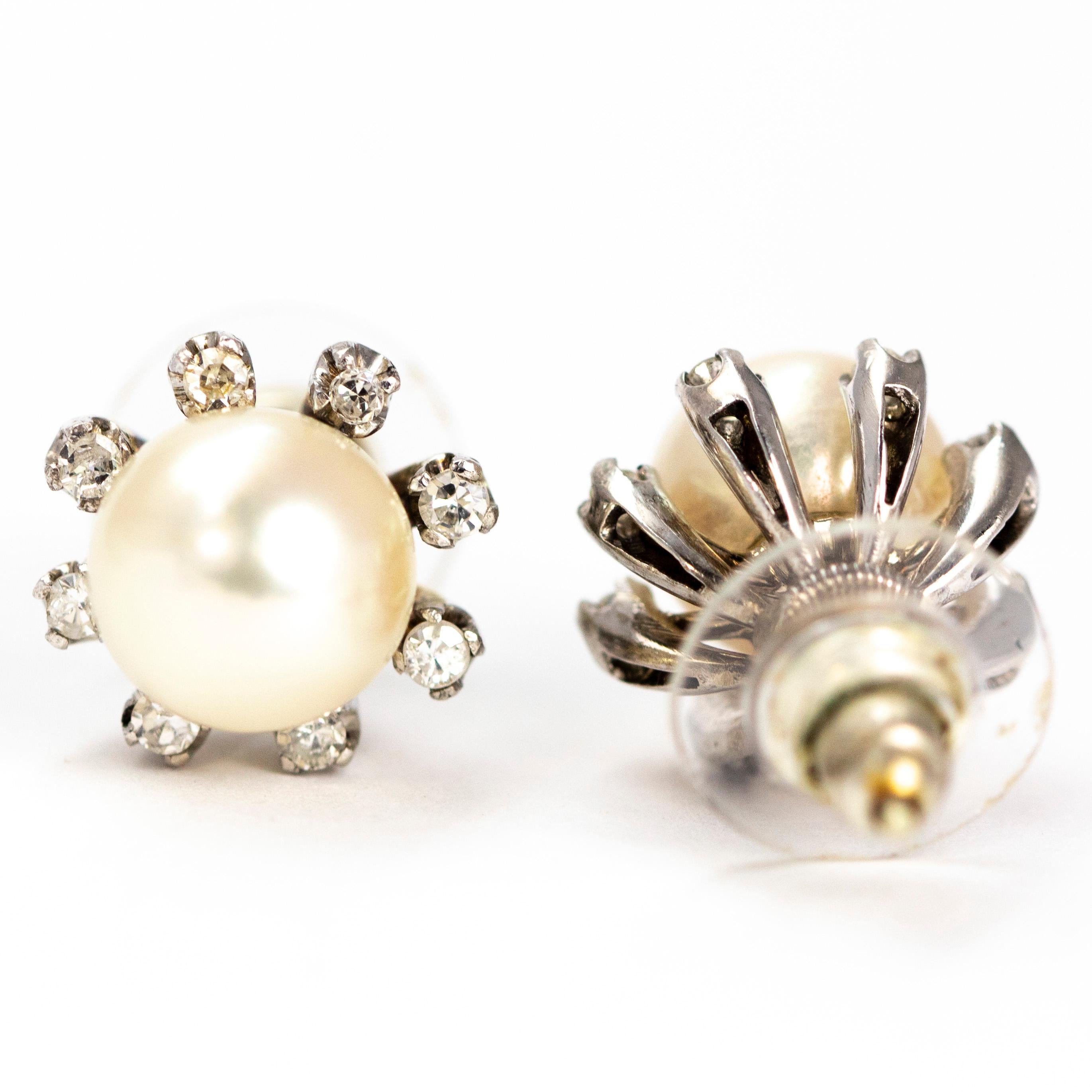 Modern Vintage Pearl and Diamond 14 Carat White Gold Cluster Stud Earrings