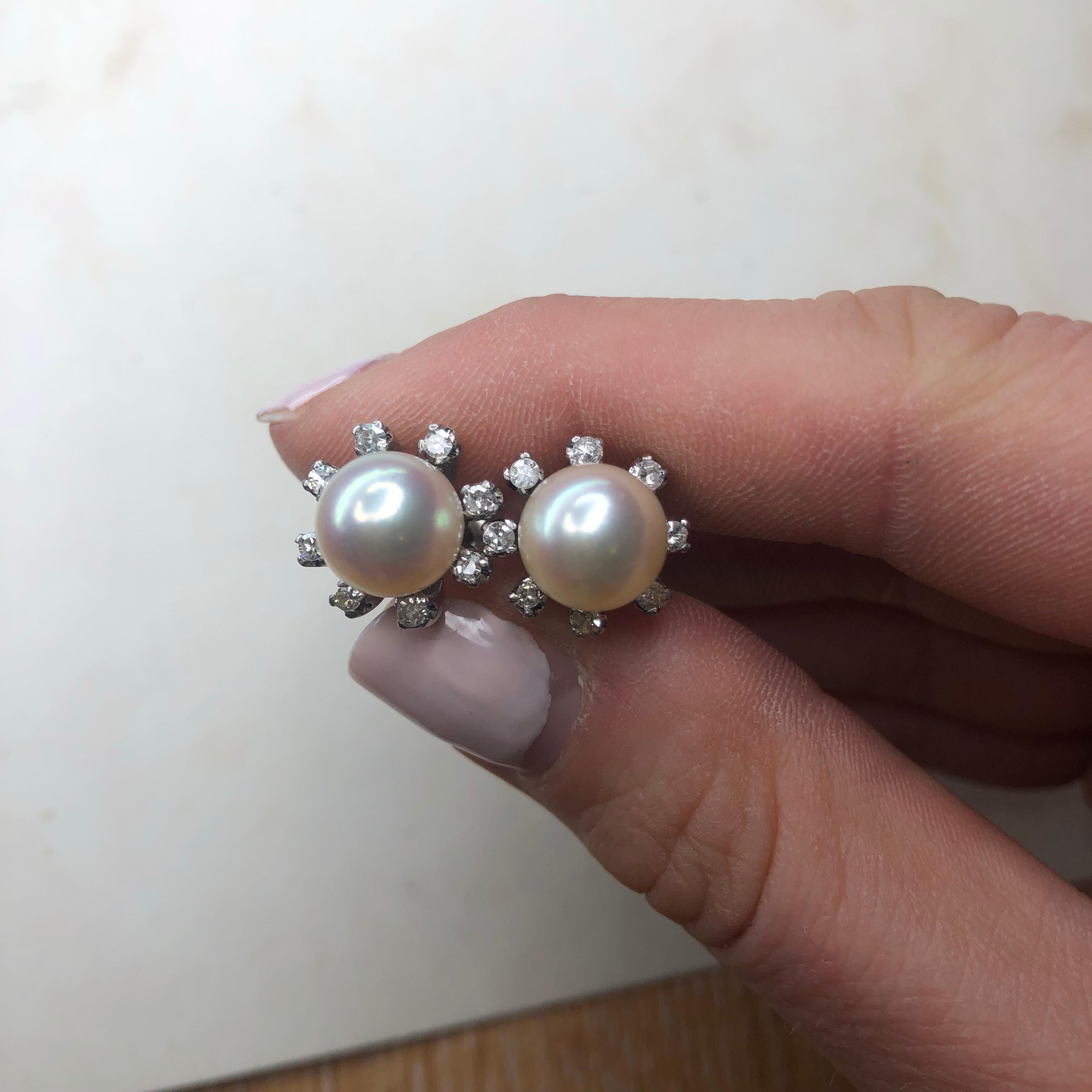 Vintage Pearl and Diamond 14 Carat White Gold Cluster Stud Earrings In Good Condition In Chipping Campden, GB