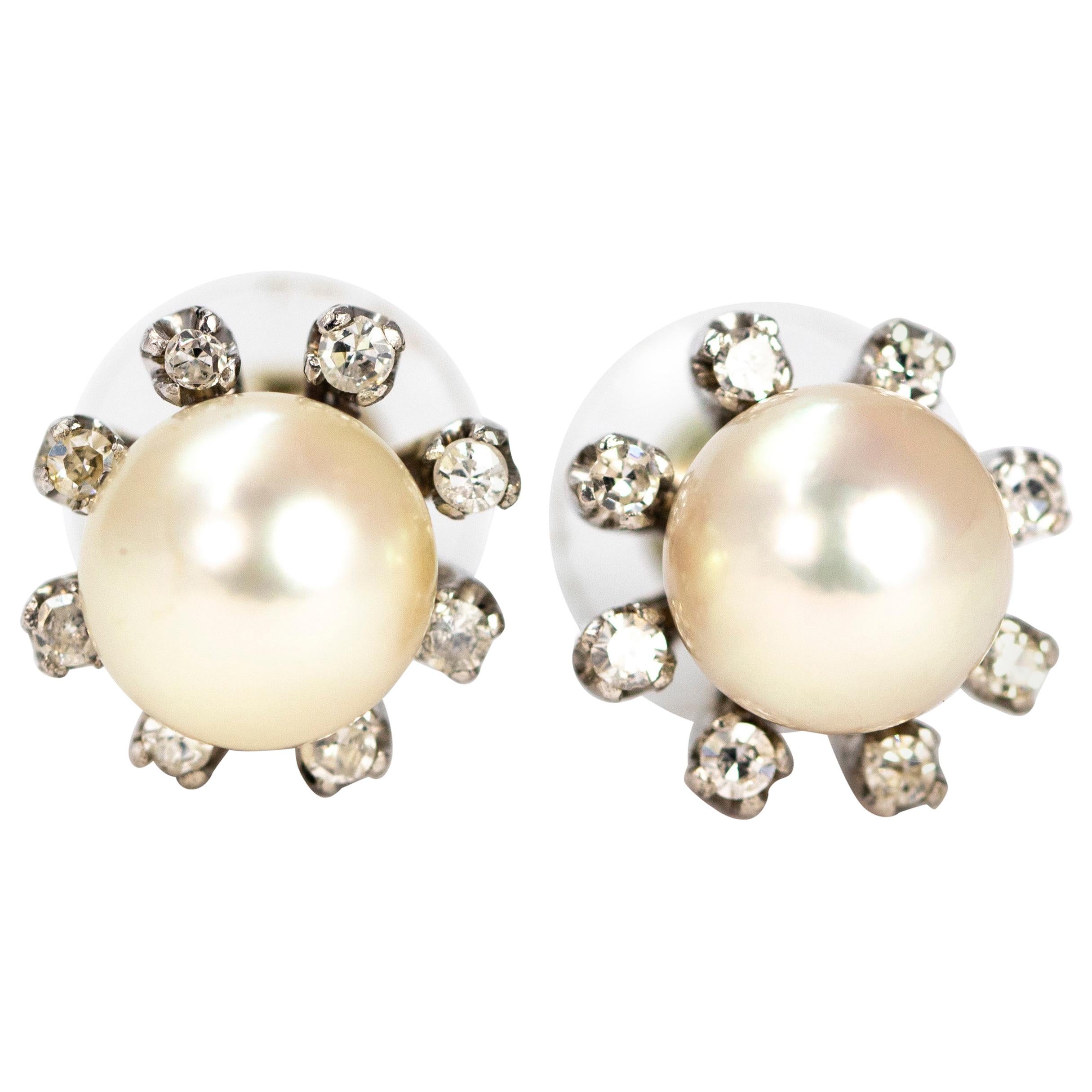 Vintage Pearl and Diamond 14 Carat White Gold Cluster Stud Earrings