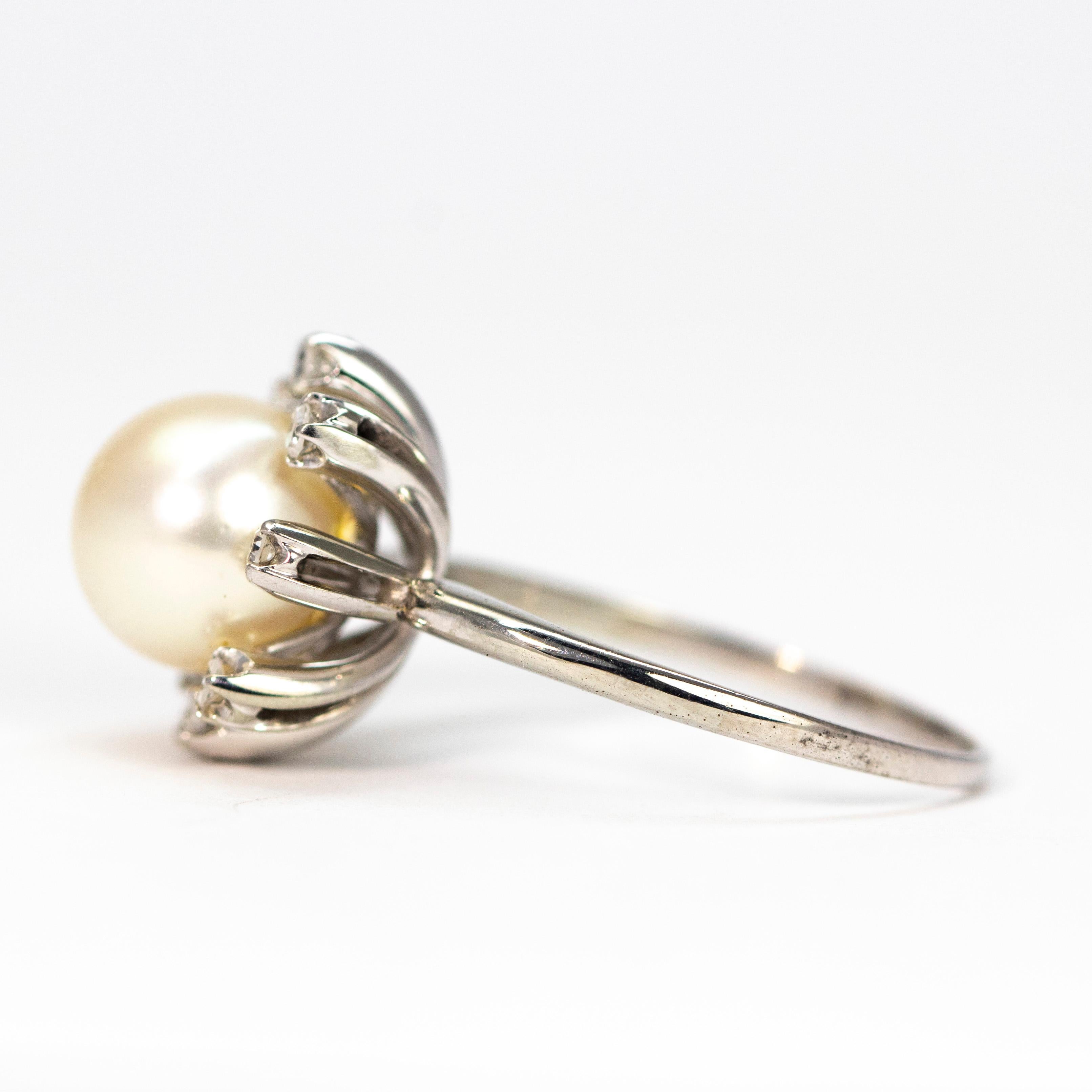 Modern Vintage Pearl and Diamond 14 Carat White Gold Custer Ring