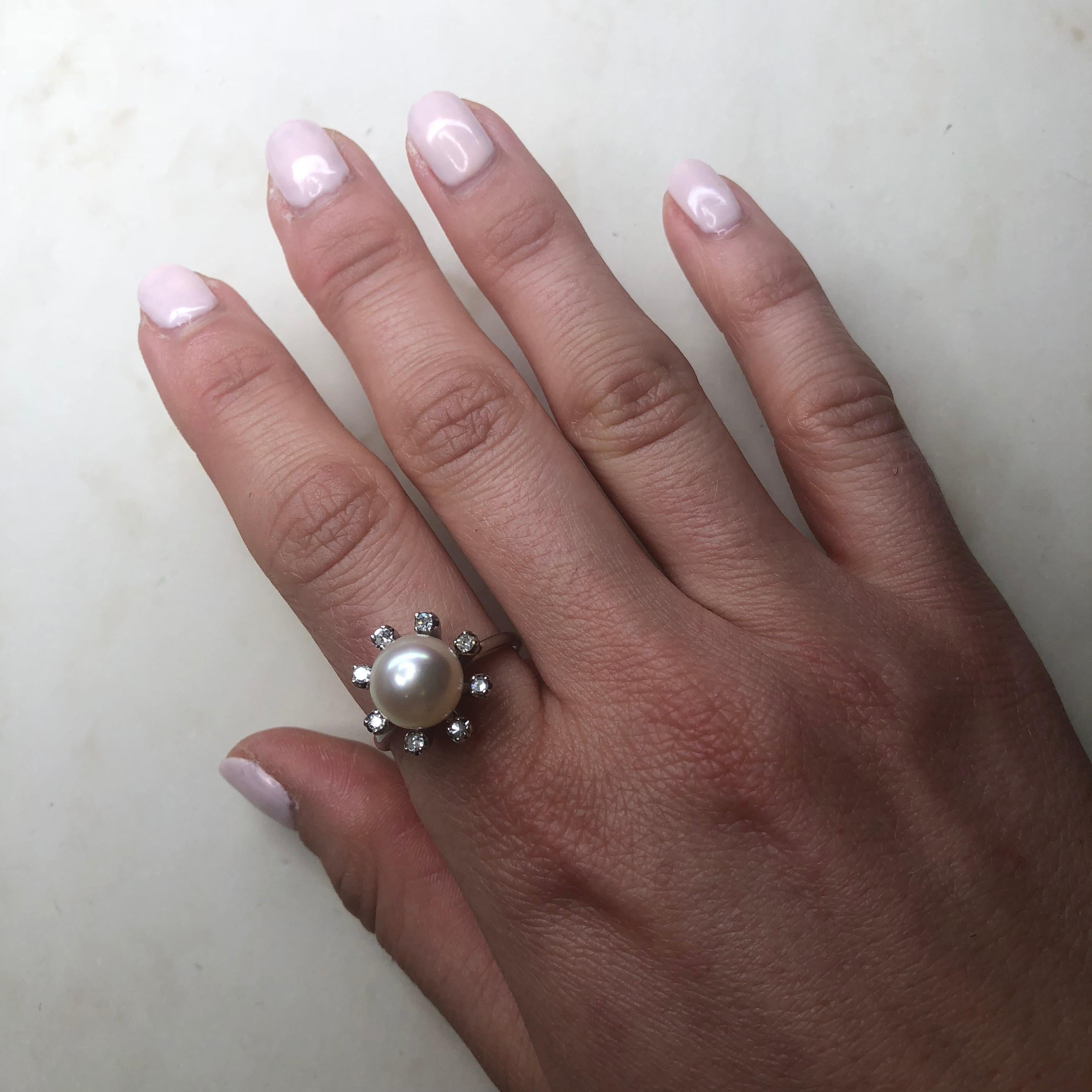 Vintage Pearl and Diamond 14 Carat White Gold Custer Ring 1