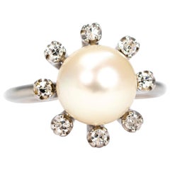 Vintage Pearl and Diamond 14 Carat White Gold Custer Ring Vintage Pearl and Diamond 14 Carat White Gold Custer Ring