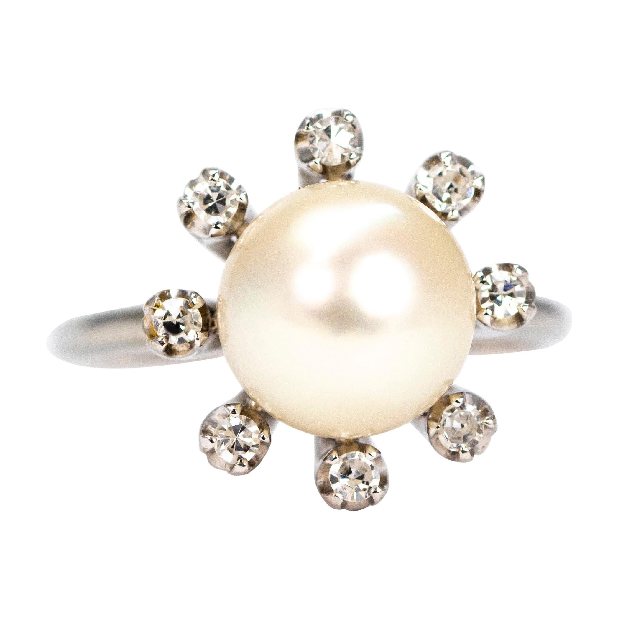 Vintage Pearl and Diamond 14 Carat White Gold Custer Ring