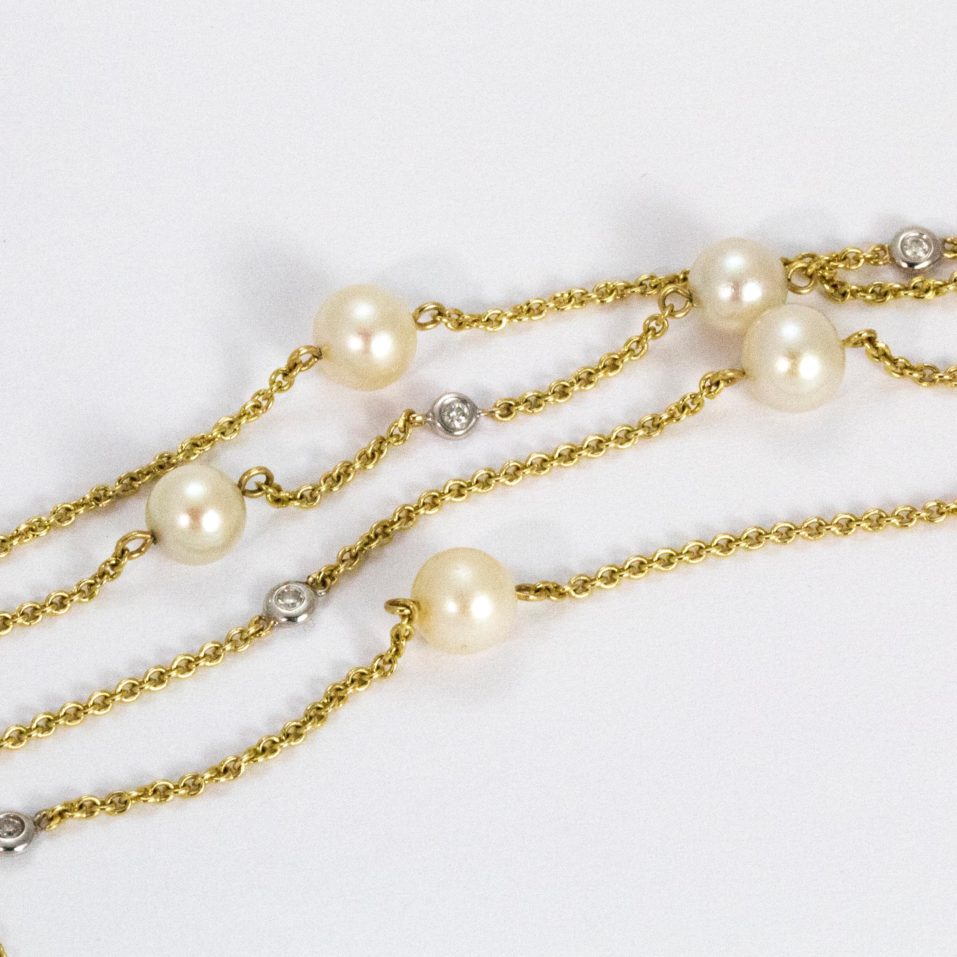 Moderne Collier vintage en or 14 carats avec perles et diamants en vente