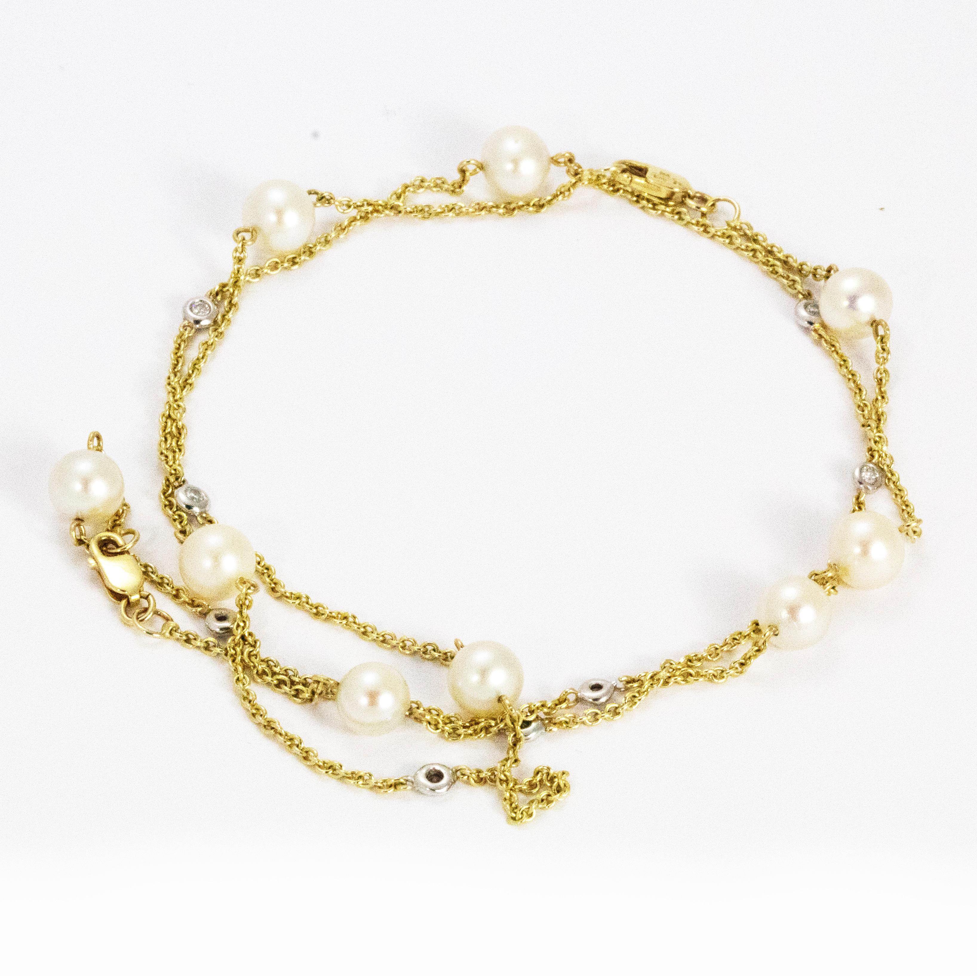 Modern Vintage Pearl and Diamond 14 Carat Gold Necklace For Sale