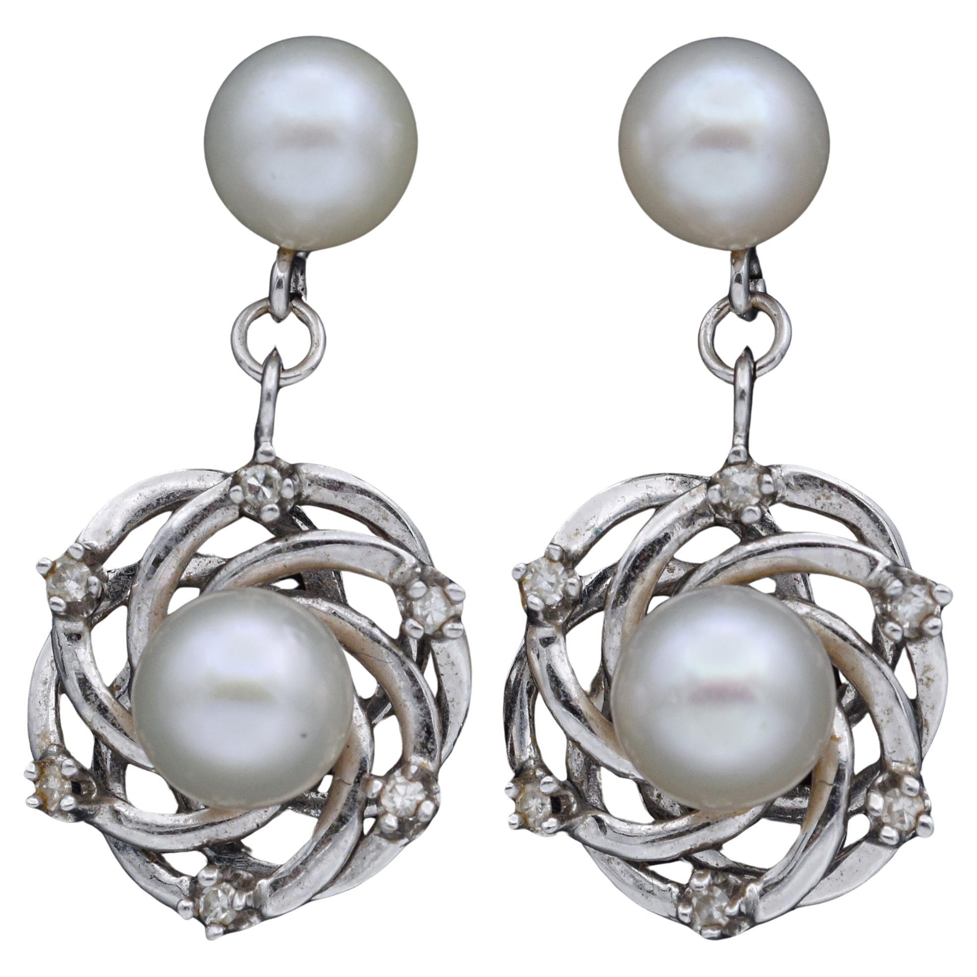 Vintage Perle und Diamant 14K Weißgold Schraube zurück baumeln Ohrringe im Angebot