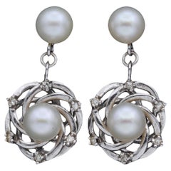 Vintage Pearl and Diamond 14K White Gold Screw Back Dangle Earrings