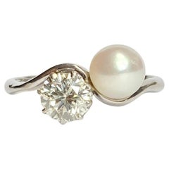 Vintage Pearl and Diamond 18 Carat White Gold Crossover Ring
