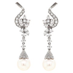 Vintage Pearl and Diamond 18 Carat White Gold Drop Earrings, circa 1950s