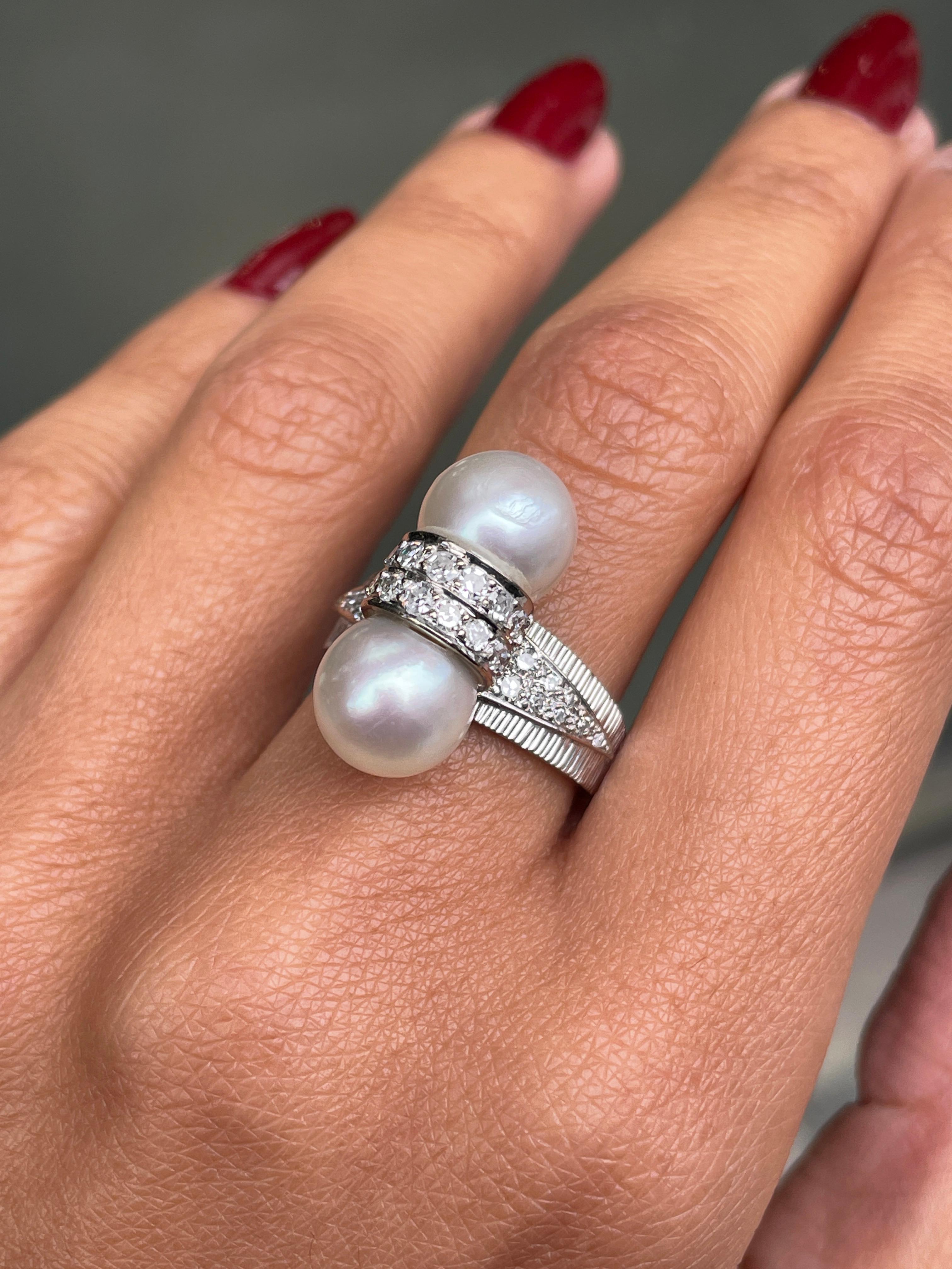 Vintage Pearl and Diamond 18ct White Gold Dress Ring For Sale 1