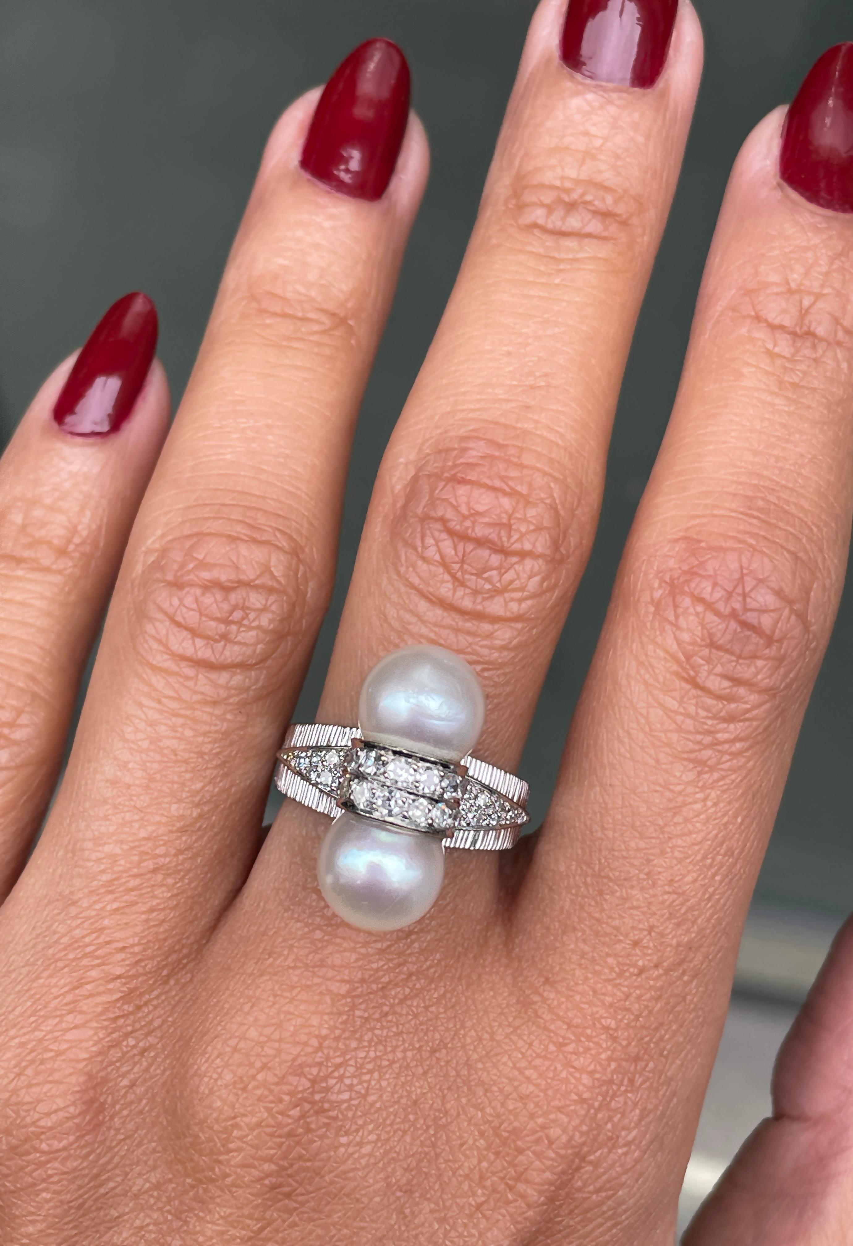 Vintage Pearl and Diamond 18ct White Gold Dress Ring For Sale 2