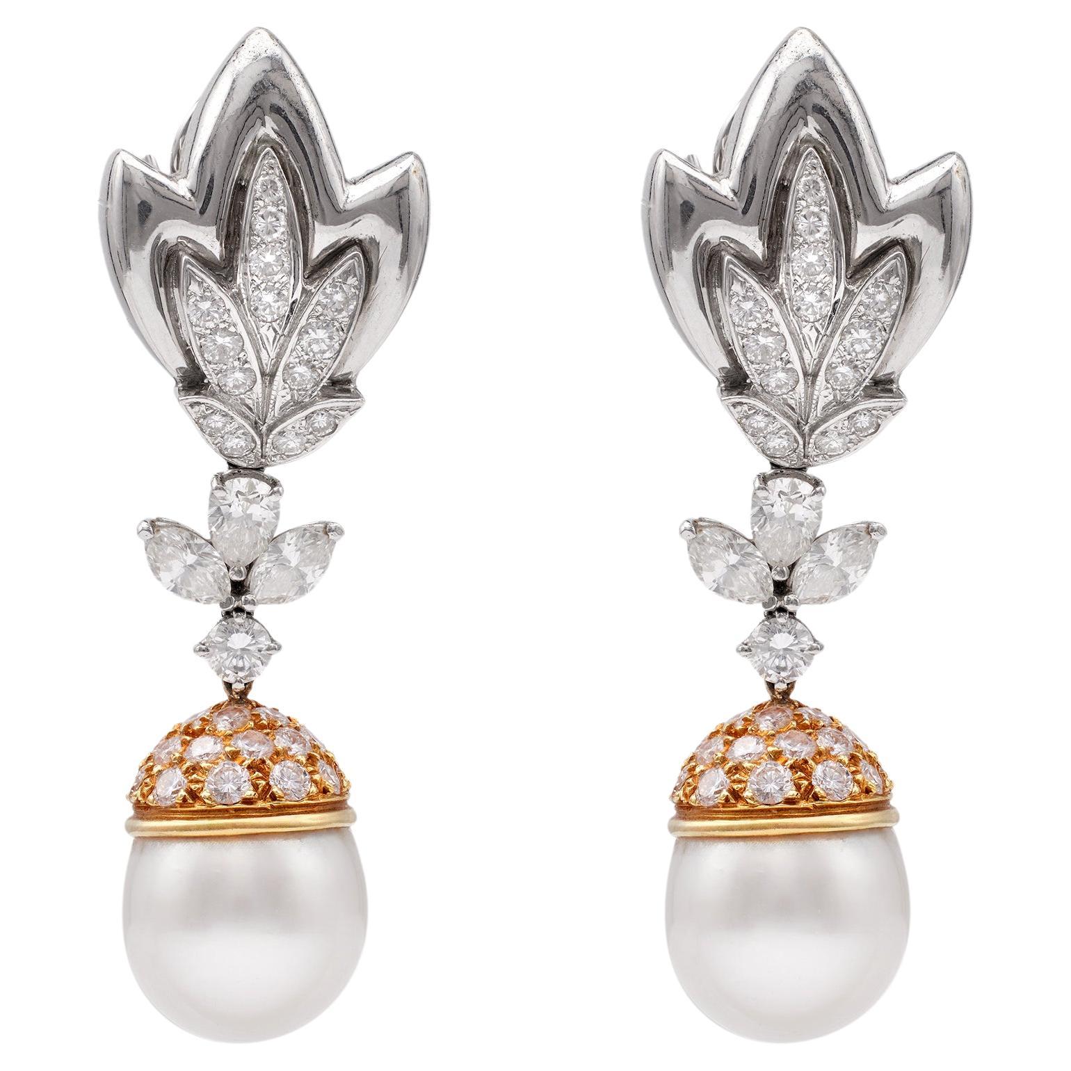 Boucles d'oreilles pendantes en or 18k et 14k platine, perles et diamants, de jour comme de nuit