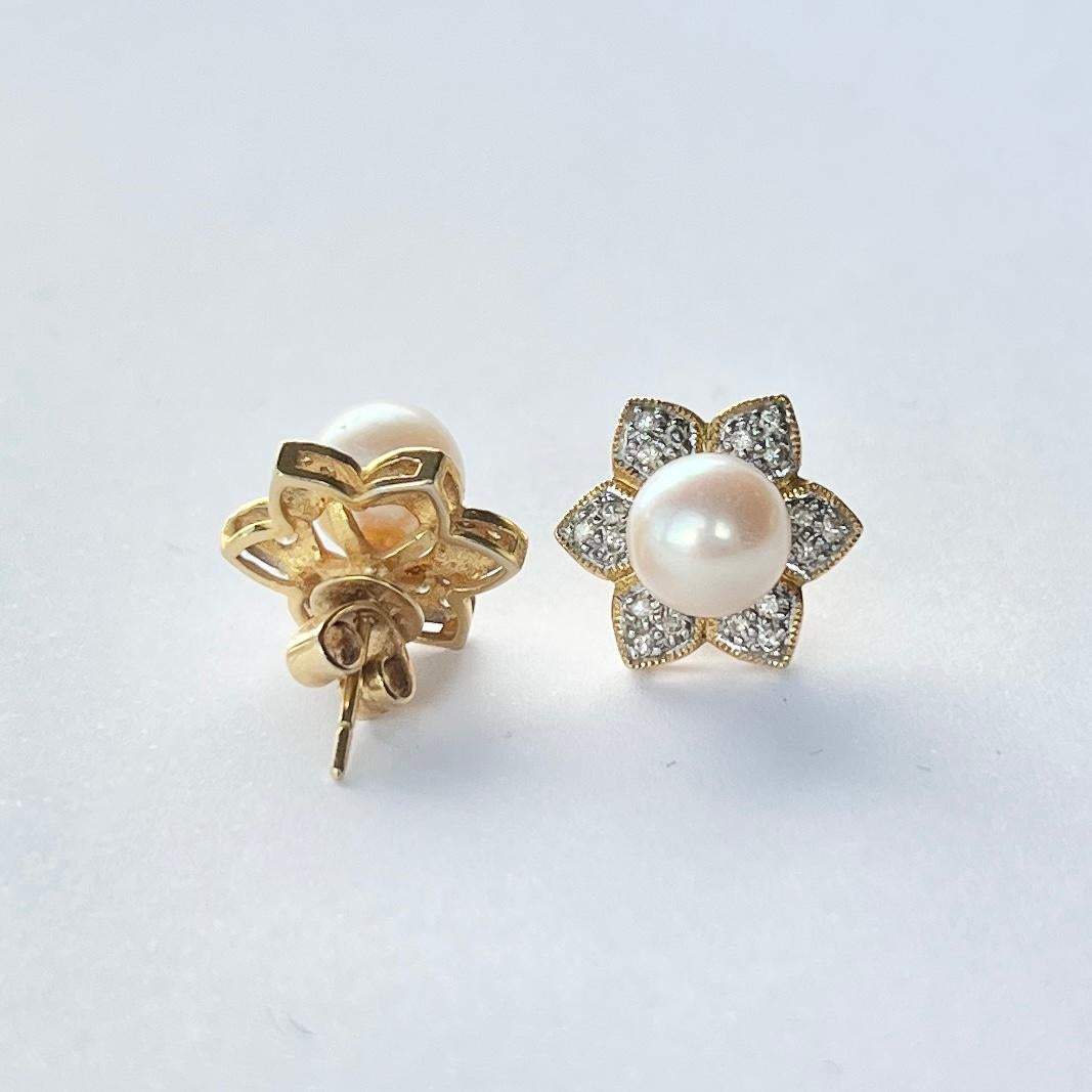 Round Cut Vintage Pearl and Diamond 9 Carat Gold Earrings For Sale