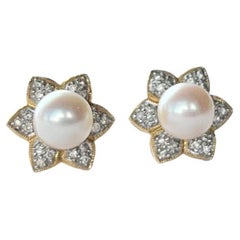 Boucles d'oreilles vintage en or 9 carats avec perles et diamants
