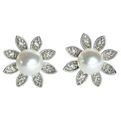 Vintage Pearl and Diamond 9 Carat White Gold Earrings