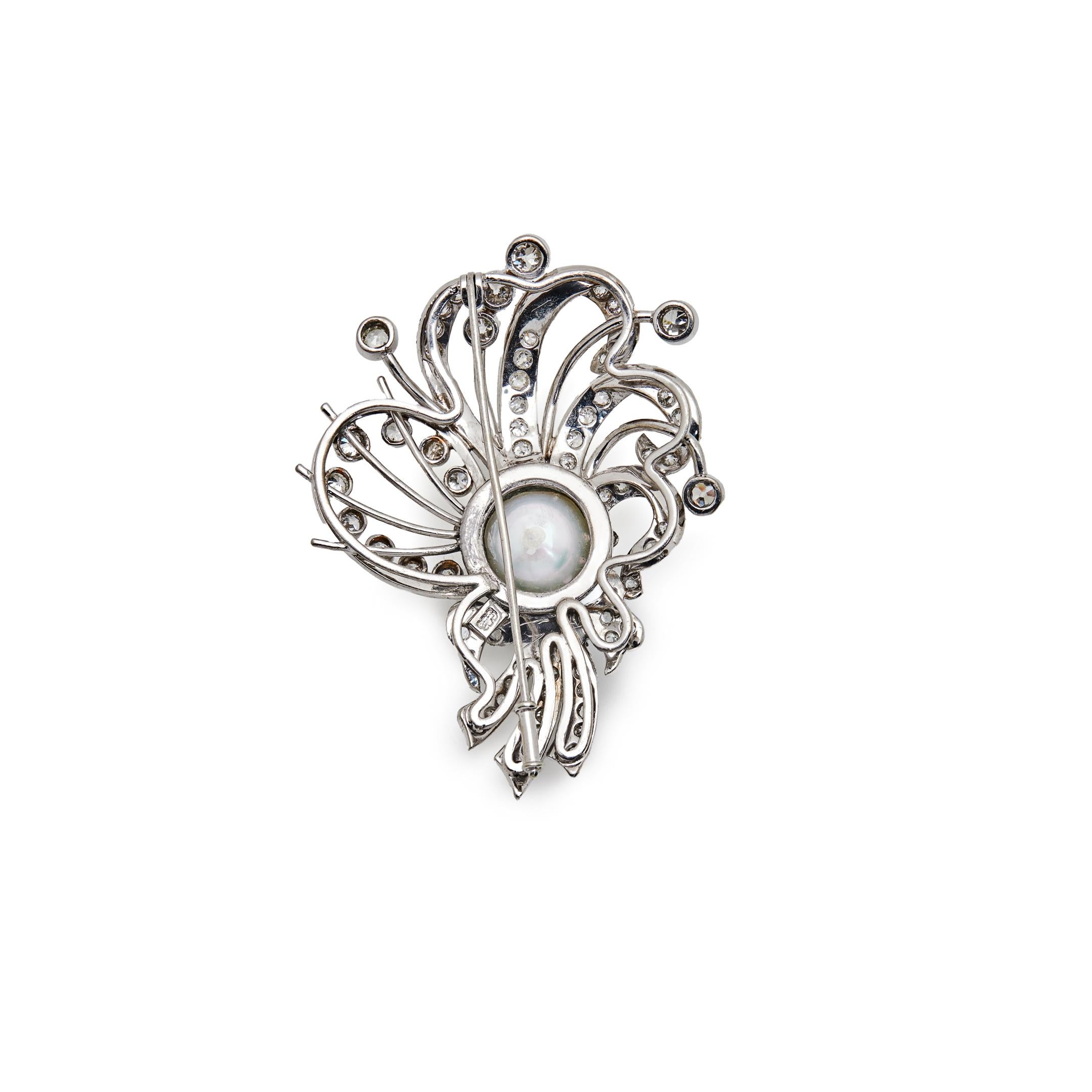 Round Cut Vintage Pearl and Diamond Brooch For Sale