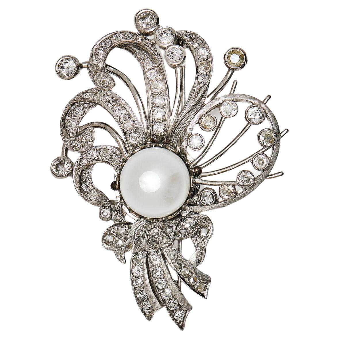 Vintage Pearl and Diamond Brooch For Sale