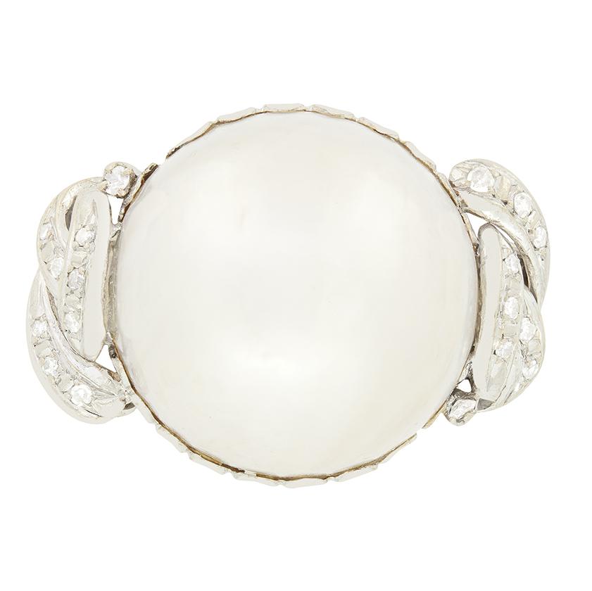 Vintage Pearl and Diamond Cocktail Ring, c.1970s For Sale
