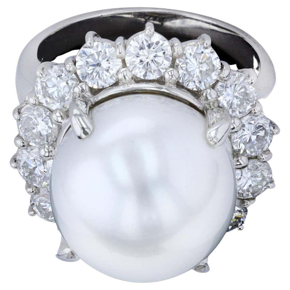 South Sea Pearl Cocktail Ring with Baguette Diamonds in 14 Karat Yellow ...
